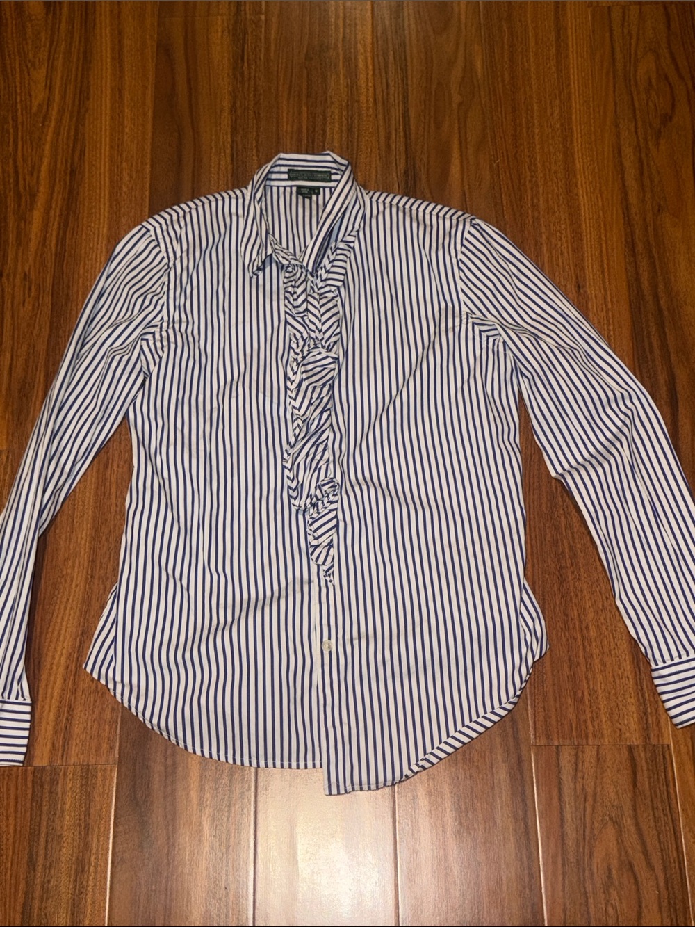 Ralph Lauren Navy and White Vertical Stripe Ruffle Button-Down Shirt